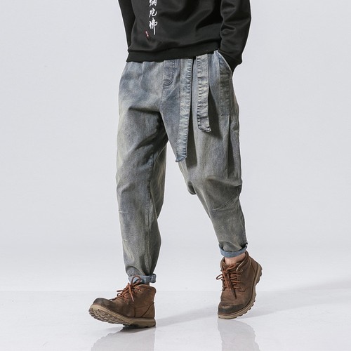 Men harem faded denim pants - faded,