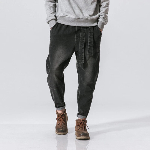 Men harem faded denim pants - faded,