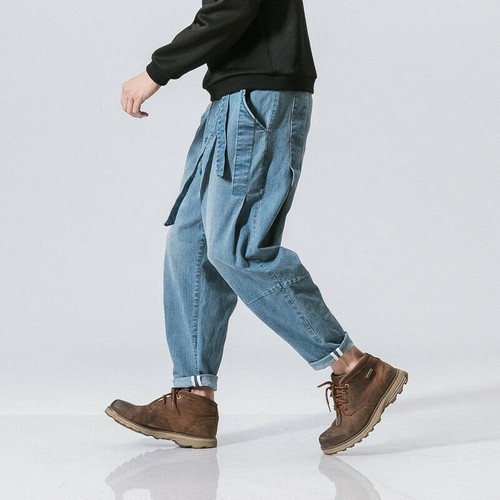 Men harem faded denim pants - faded,