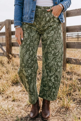 Green paisley print harem - print,